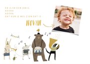 Verjaardagskaart kind dieren stoet en muziekinstrumenten 2