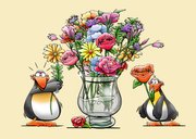 Verjaardagskaart met 6 pinguïns die vaas bloemen vullen 2