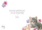 Verjaardagskaart met kitten Gijsje tussen de bloemen 3