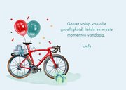 Verjaardagskaart rode fiets en ballonnen en confetti 3