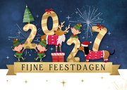 Vrolijke 2027 kerstkaart met illustratie van lieve diertjes 2