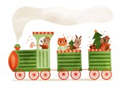 Vrolijke kerstkaart met een trein vol dierenvriendjes 2