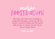 Vrolijke roze kerstkaart kerstballen strikken en foto's 3