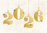 Witte nieuwjaarskaart met kerstballen cijfers in goudlook 2