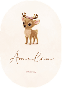 Beige ovaal geboortekaartje hertje met strik 