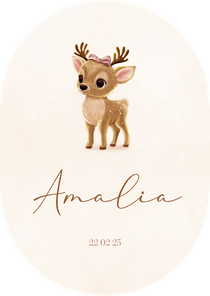 Beige ovaal geboortekaartje hertje met strik 