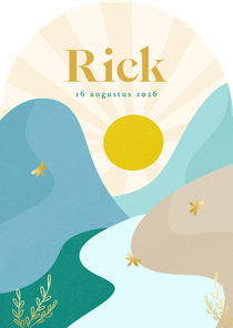 Boog vorm geboortekaartjes met landschap libelle goud jongen