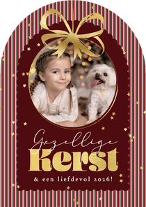 Boogvorm kerstkaart streeppatroon kerstbal strik goud foto