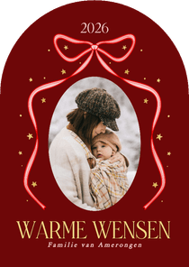 Boogvorm kerstkaartje met strik en foto rood