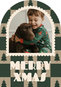 Boogvormig foto kerstkaartje blokjespatroon met kerstbomen