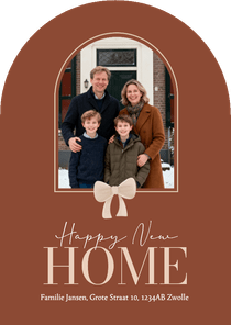 Bruine kerstkaart verhuizing boog met strikje en foto