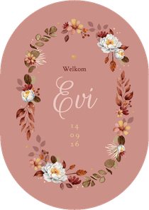 Geboortekaartje bloemen oudroze goud stijlvol ovaal