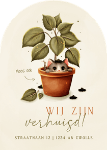 Grappig boog verhuiskaartje kat in plant