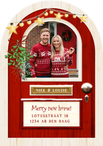 Grappige verhuiskaart en kerstkaart in deur vorm