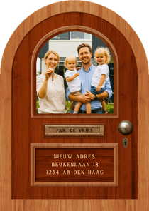 Grappige verhuiskaart in vorm van een voordeur met foto