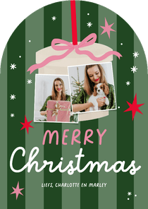 Hippe kerstkaart strepen strikje sterren merry christmas