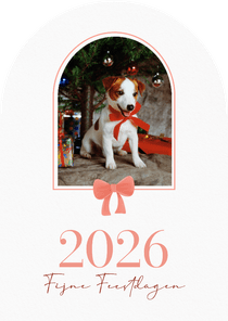 Klassieke kerstkaart boogvorm met foto en rode strik