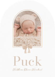 Lief beige geboortekaartje boog vorm met foto en strik
