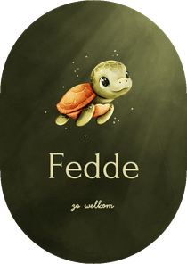 Lief groen ovaal geboortekaartje met een schildpadje