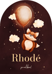 Lief roze geboortekaartje boog met vosje en een ballon