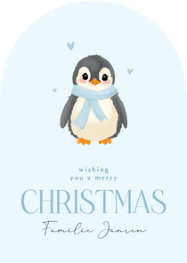 Lieve lichtblauwe kerstkaart boog met baby pinguin