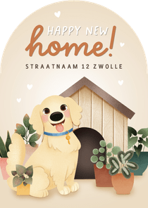 Lieve verhuiskaart hond, hondenhok en planten in boogvorm