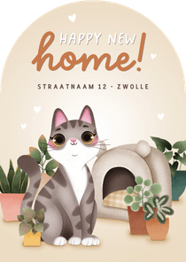 Lieve verhuiskaart kat kattenmand en planten in boogvorm