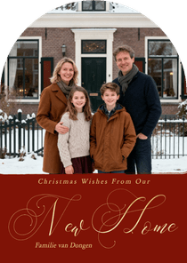Rood verhuiskaartje kerst met foto new home boog