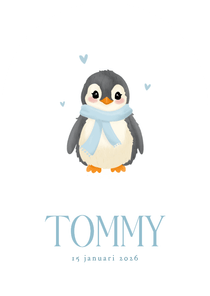 Schattig wit geboortekaartje met pinguin boogvorm