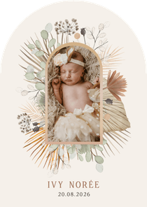 Stijlvol botanisch geboortekaartje natuurtinten met foto