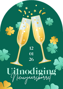Uitnodiging nieuwjaarsborrel boogvorm champagneglazen