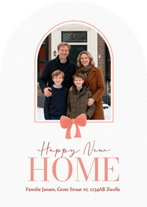 Verhuiskaartje in boog vorm kerst met rood strikje