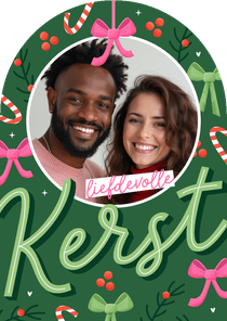 Vrolijke kerstkaart boogvorm met foto en typografie