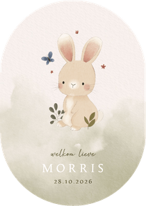 Waterverf geboortekaartje met konijn, plantjes en vlindertje