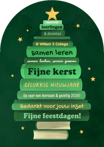 Zakelijke kerstkaart onderwijs boeken kerstboom sterren