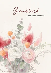 Aquarel condoleancekaart met boeket roze bloemen