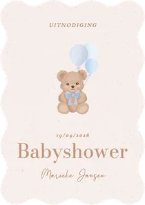 Babyshower uitnodiging jongen met teddybeertje met ballonnen