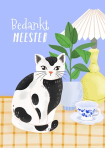 Bedank kaart met illustratie kat voor meester