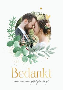 Bedankkaart bruiloft botanisch eucalyptus foto goud