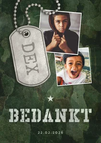 Bedankkaart communie army stoer met fotos en legerplaatje