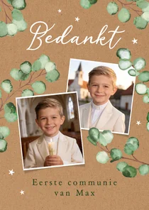 Bedankkaart communie foto kraft eucalyptus natuurlijk