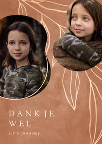 Bedankkaart communie goudlook tak met 2 foto's in aardetint