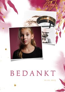 Bedankkaart communie met gouden bladeren en roze waterverf