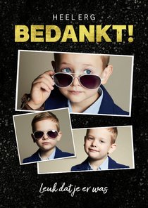 Bedankkaart communie stoer jongen spetters goud fotocollage