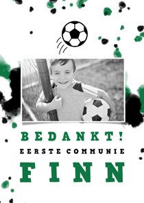 Bedankkaart communie voetbal met foto en spetters