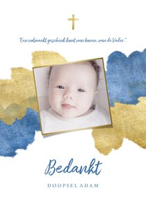 Bedankkaart doopfeest foto metallic blauw