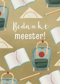 Bedankkaart meester met schooltas, potlood, schrift
