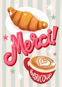 Bedankkaart merci croissant en cappuccino Frankrijk