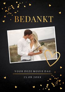 Bedankkaart met foto bruiloft zwart goudlook hartjes