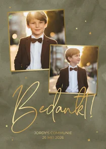 Bedankkaart met groene waterverf en goudfolie hartjes